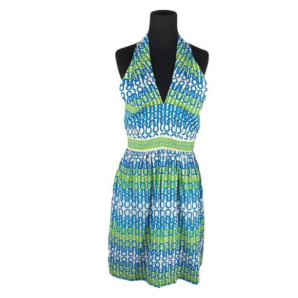 TRINA TURK Dress 4 Silk Torques&Lime&White Loop-Print Fit&Flare Halter Lined Kne